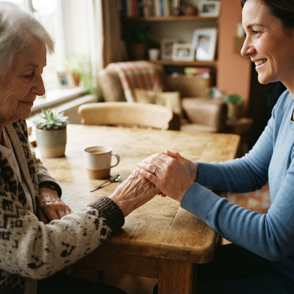 Caregiver holding an elderly person's hands